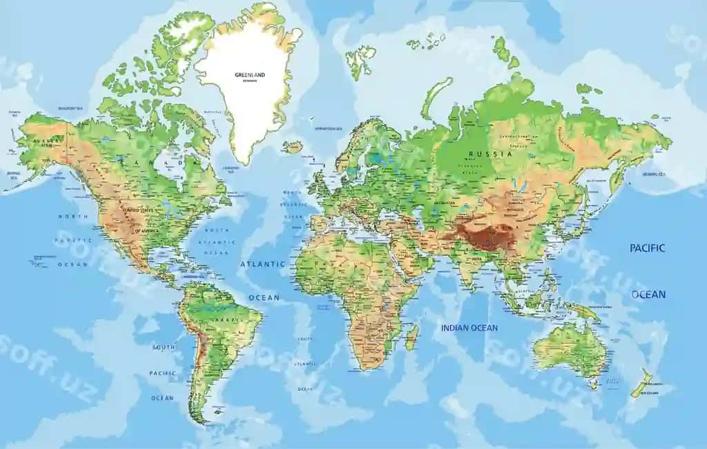 Jismoniy dunyo xaritasi Mercator proektsiyasi | Physical world map mercator projection