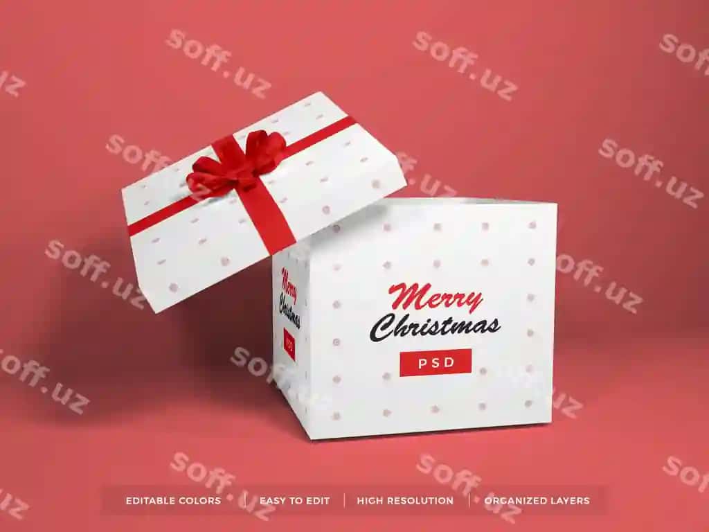 Yangi yil sovg'asi qutisi shiffoncha bilan mockup | Christmas gift box with ribbon mockup
