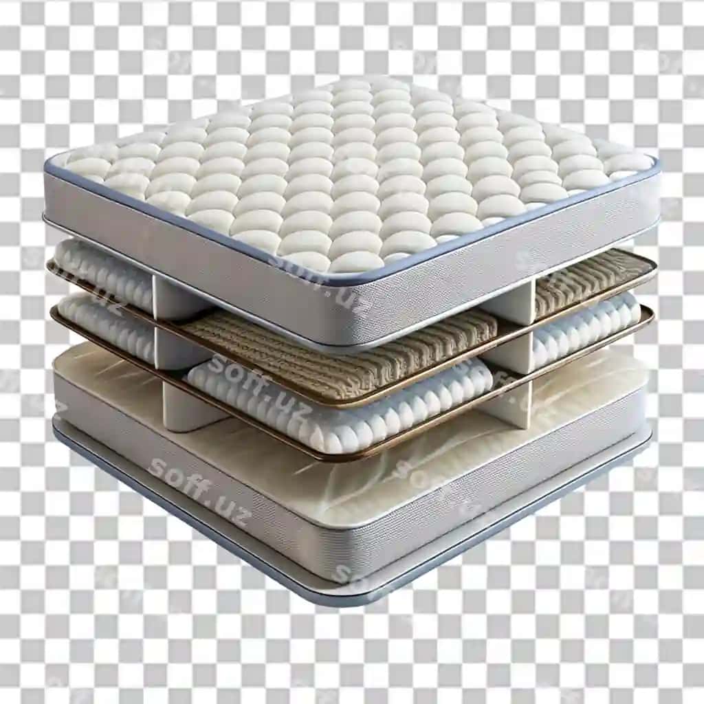 Shaffof izolyatsiyalangan cho'ntak prujinalari bilan 3D illyustratsiyali matras qatlamlari | 3d illustration mattress layers with pocket springs isolated transparent