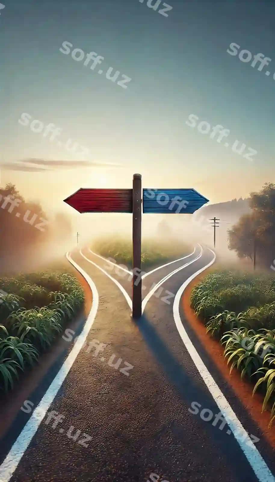 Yo'l belgilari bo'lgan chorraha | Crossroads with diverging roads signpost