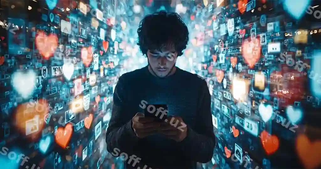 Erkak smartfon ishlatmoqda, bir nechta raqamli ekranlar chetlarida turli xil ijtimoiy tarmoqlarni namoyish qiluvchi. | Man using smartphone while surrounded by multiple digital screens displaying various social media