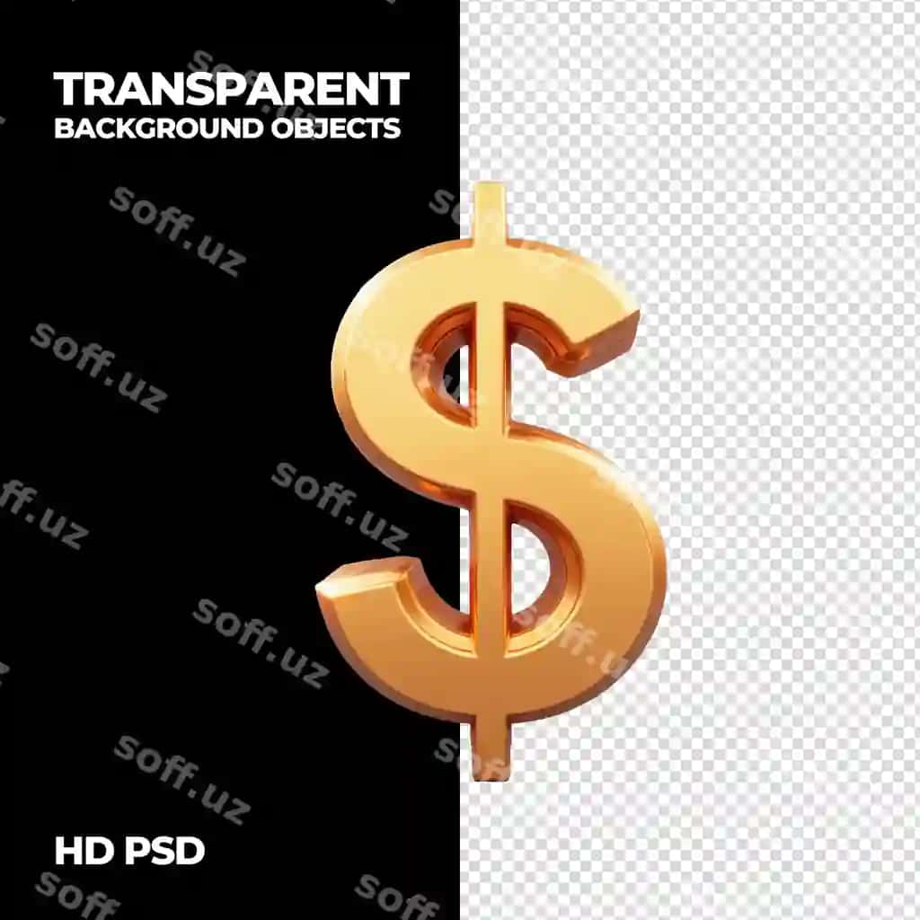 Oltin rangli 3D dollar belgisi izolyatsiya qilingan shaffof fon | Golden 3d dollar sign isolated transparent background