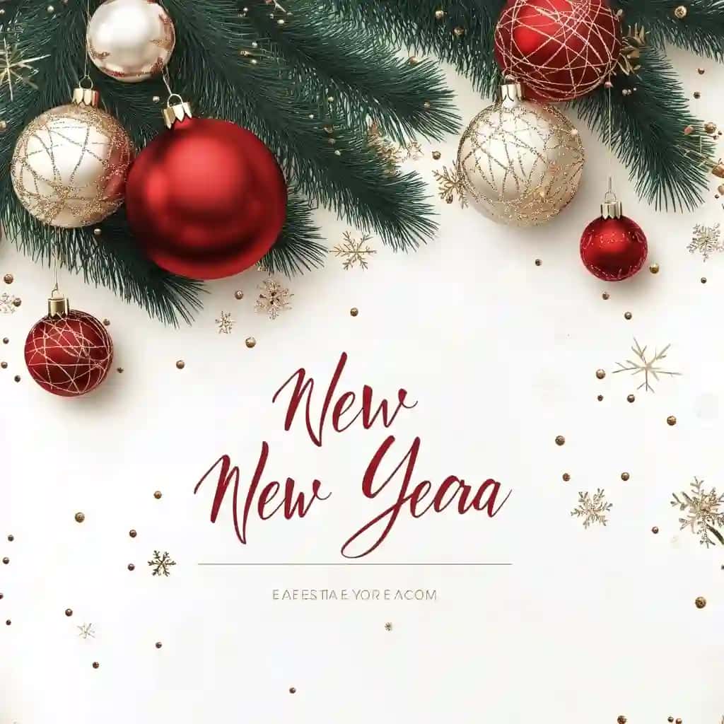 Qizil oltin bezakli oq fon bilan yangi yil bayrami | Festive new year celebration with red gold ornaments white background