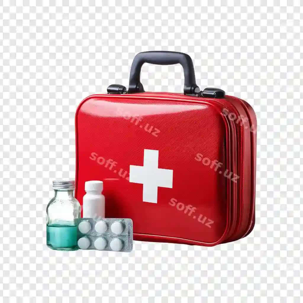 Haqiqiy qizil birinchi yordam uchun jihozlar dorilar bilan shaffof fonda ajratilgan | Realistic red first aid kit with medicine isolated transparent background