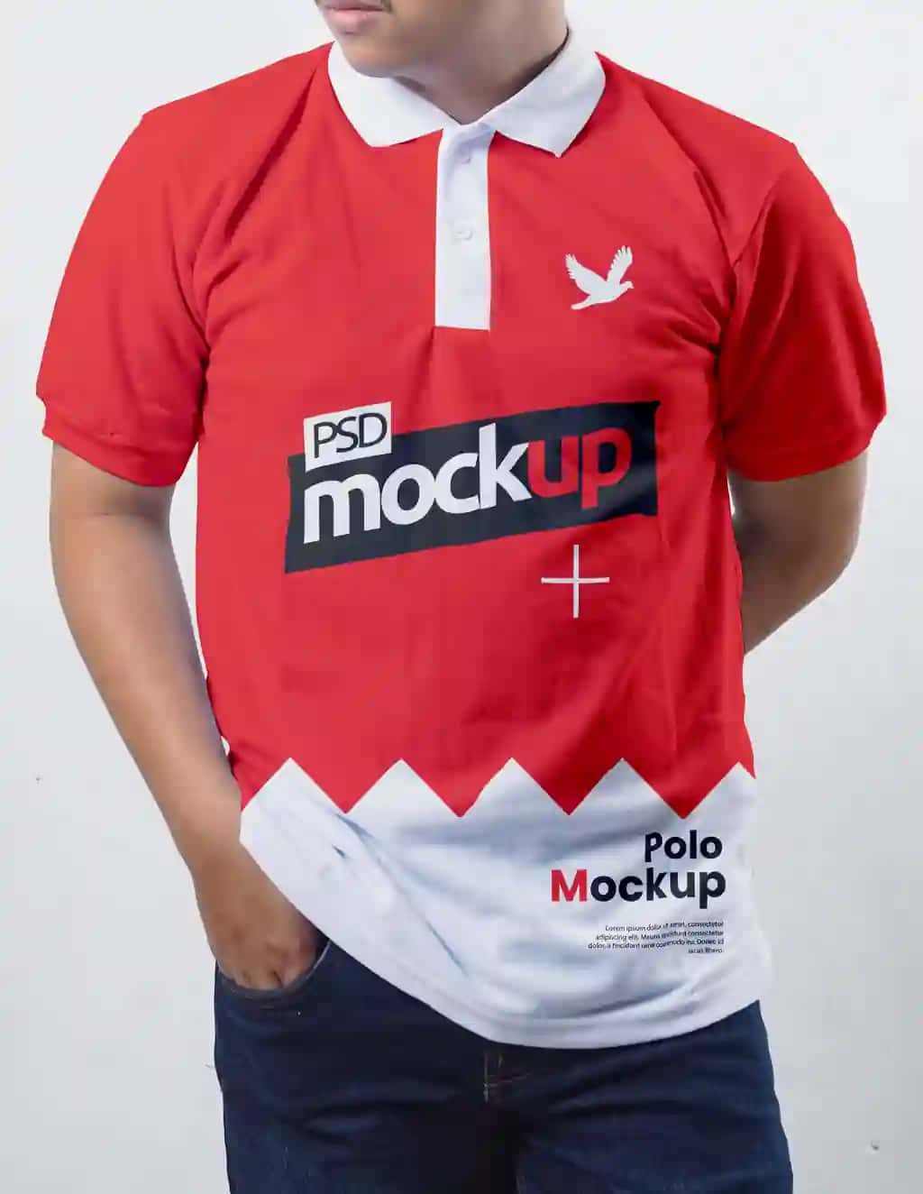 Oq yoqali dizayndagi qizil polo ko'ylak maketi | Red polo shirt mockup with white collar design