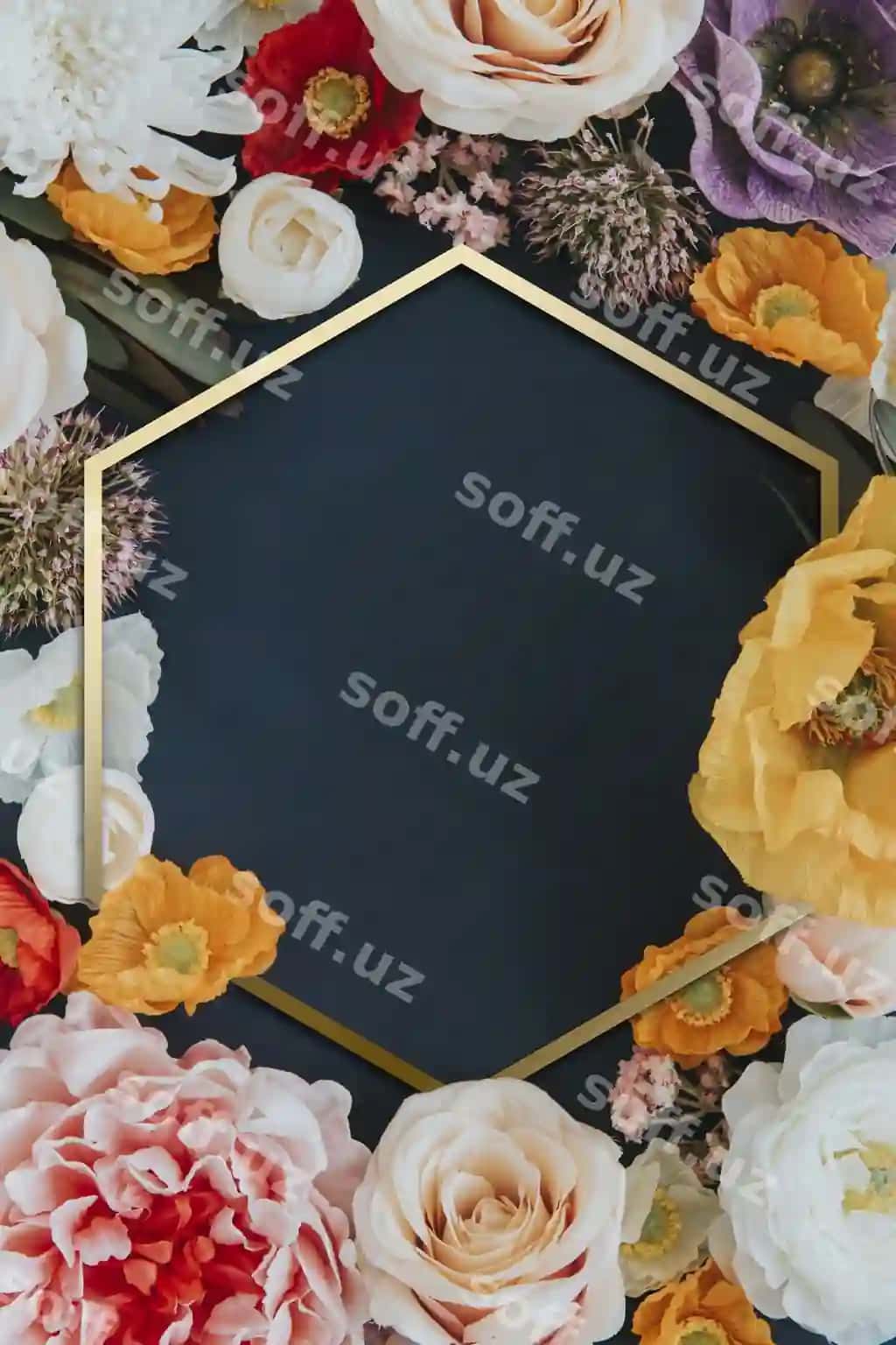 O'n olchaburchak ramka oltin rangli gulli | Golden colorful floral hexagon frame