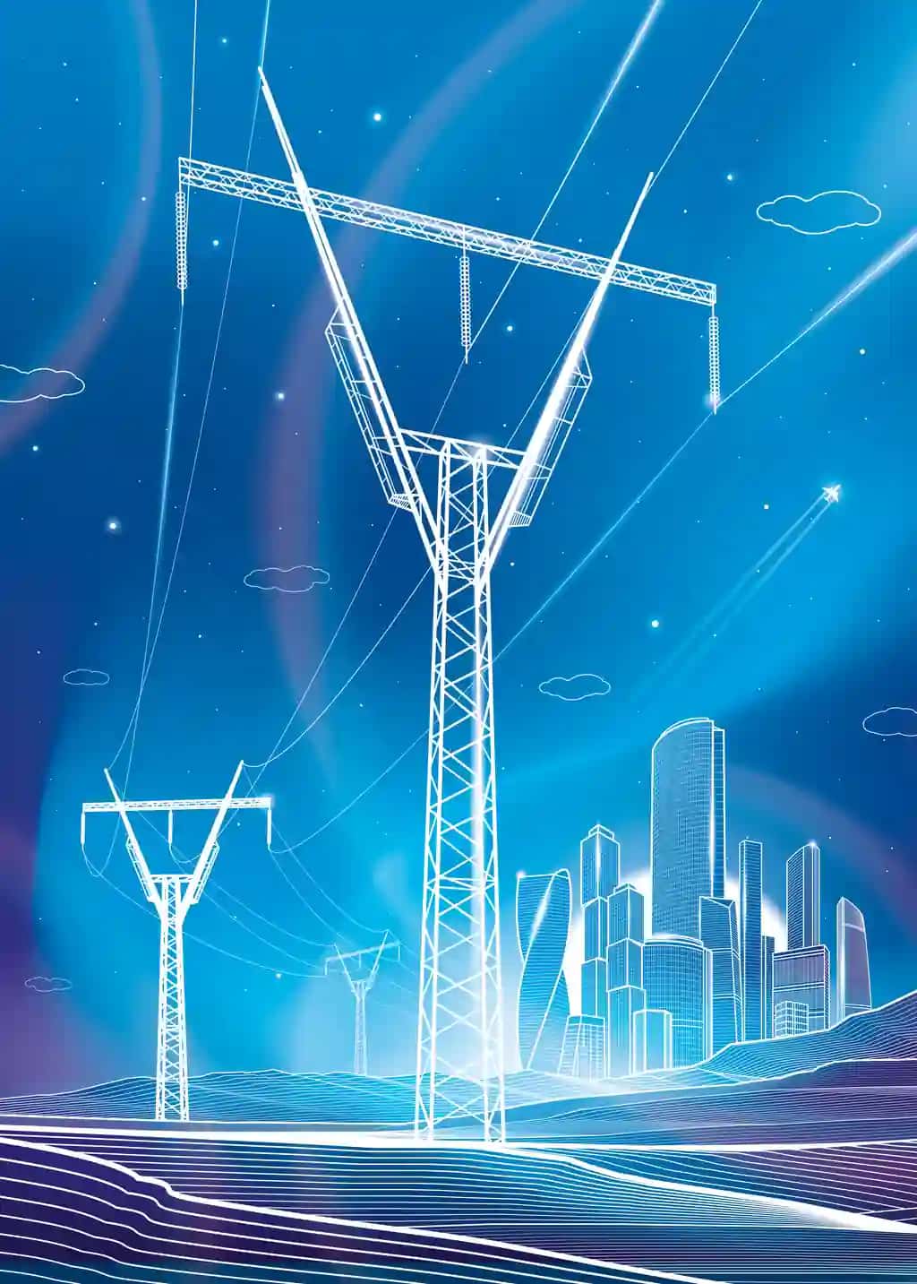 Yuqori kuchlanishli uzatish tizimlari elektr tarmoqlari tungi yoritish | High voltage transmission systems power lines night illumination