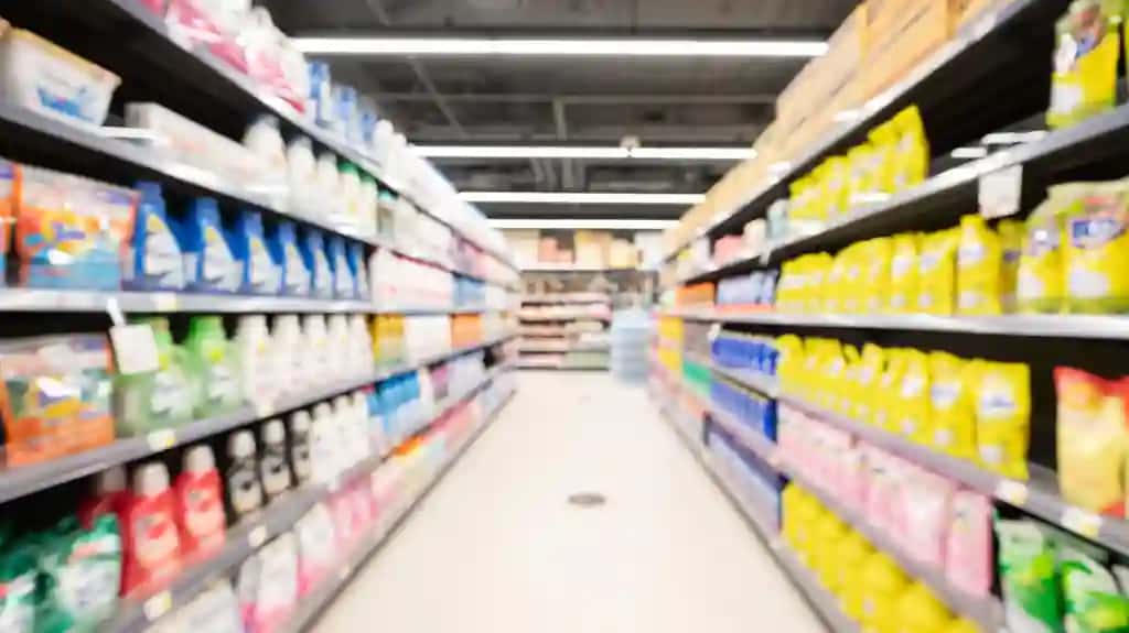 Supermarket yo'laklaridagi loyqa javonlar | Blurry supermarket aisle shelves