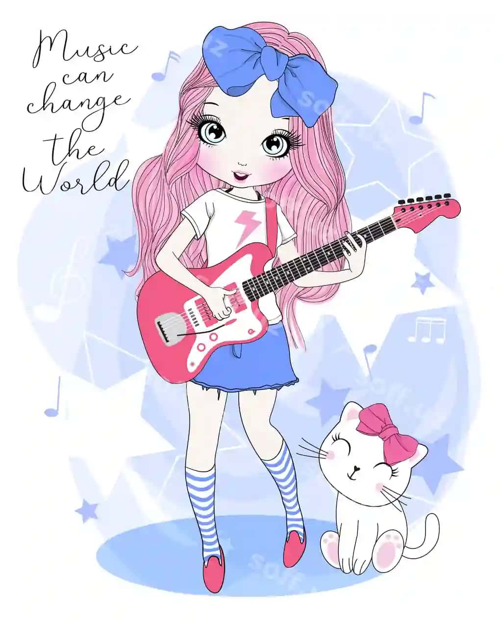 Qo'l bilan chizilgan gozal qiz gitar oyniyotgan | Hand drawn cute girl playing guitar