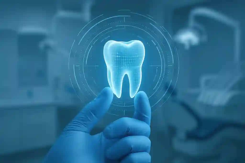 Zamonaviy uskunalar bilan jihozlangan qo'lqopli stomatologiya klinikasi tomonidan ushlab turiladigan raqamli tish gologrammasi | Digital tooth hologram held by gloved hand dental clinic with modern equipment