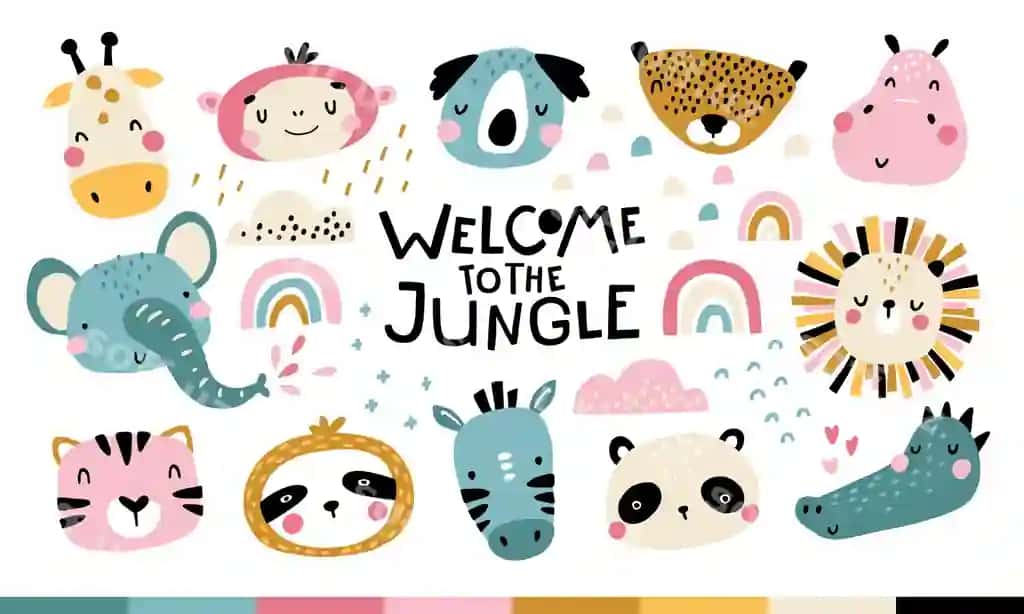 Tropik arica to'plami xush kelibsiz jungl sevimli hayvonlar yuzlari bolalik bosma | Tropical arica set welcome jungle cute animals faces childish print
