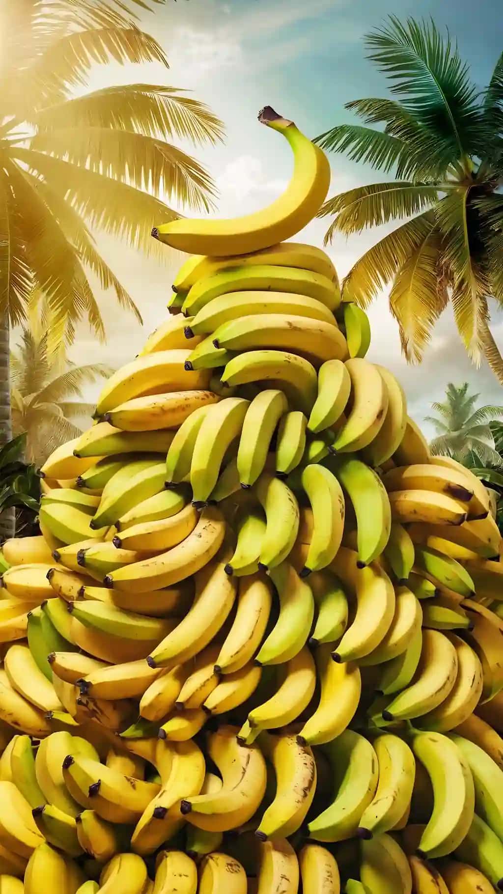 Katta qoziqli bananlarning tepasida bittasi ko'rsatilgan | Large pile bananas is shown with one them top