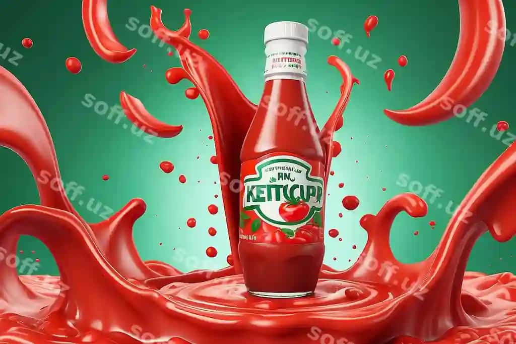 Tamat qushiqli ketchup reklamasi tamat sousesi oqishi effekti yashil fonda 3D illustratsiya | Tomato ketchup ad with tomato sauce flow effect green background 3d illustration
