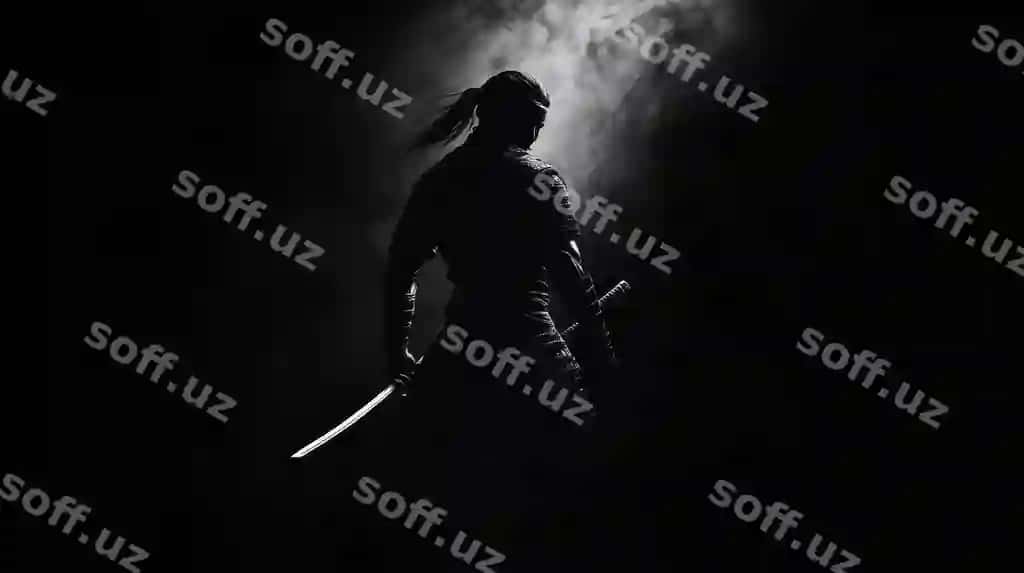 Siluet figura shamshir bog'lovchi dramatik dymli fonda | Silhouetted figure wielding sword dramatic smoky background