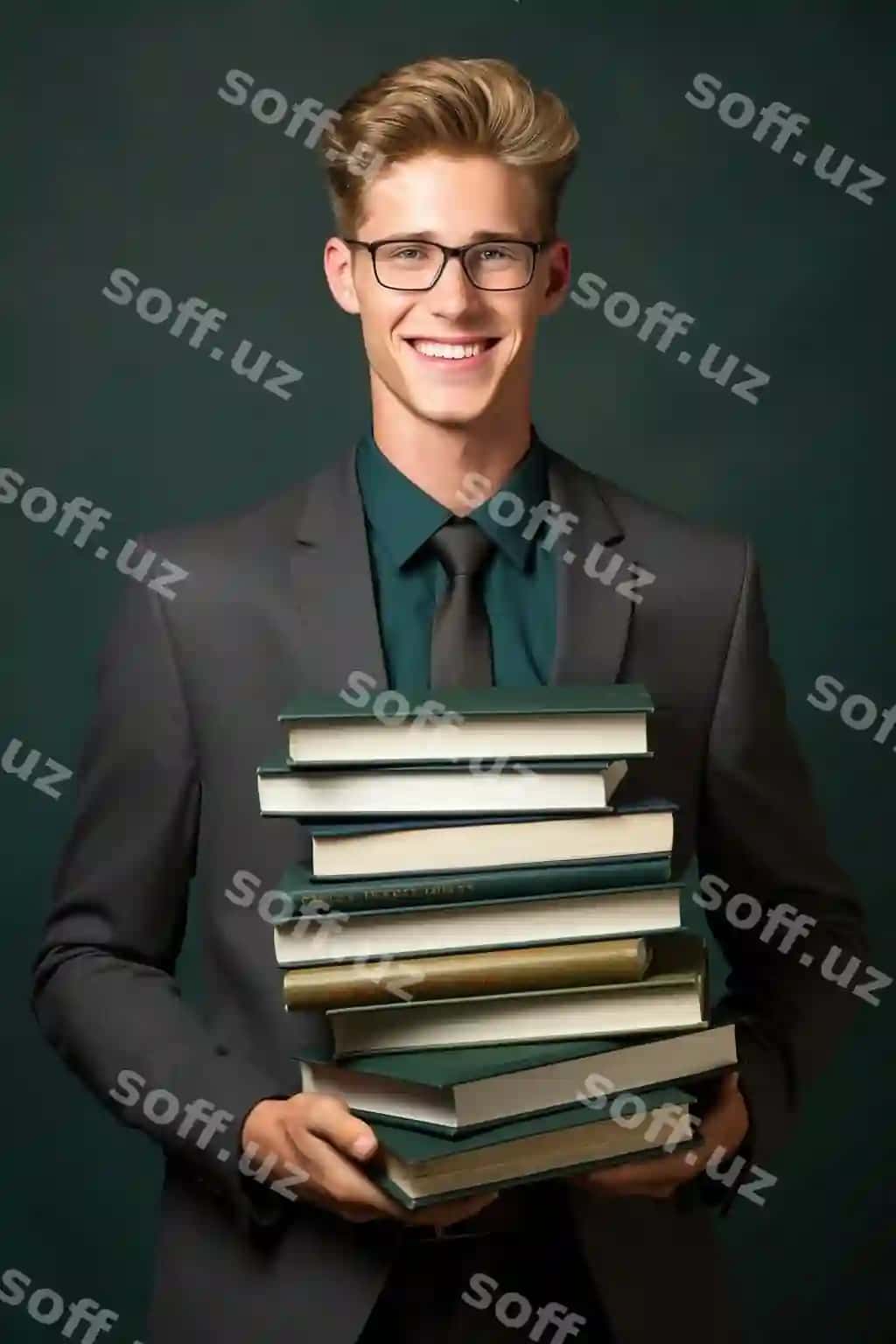 Baxtli maktab o'qituvchi kitoblar turgan ajralangan professional portret | Happy shcool teacher holding books isolated professional portrai