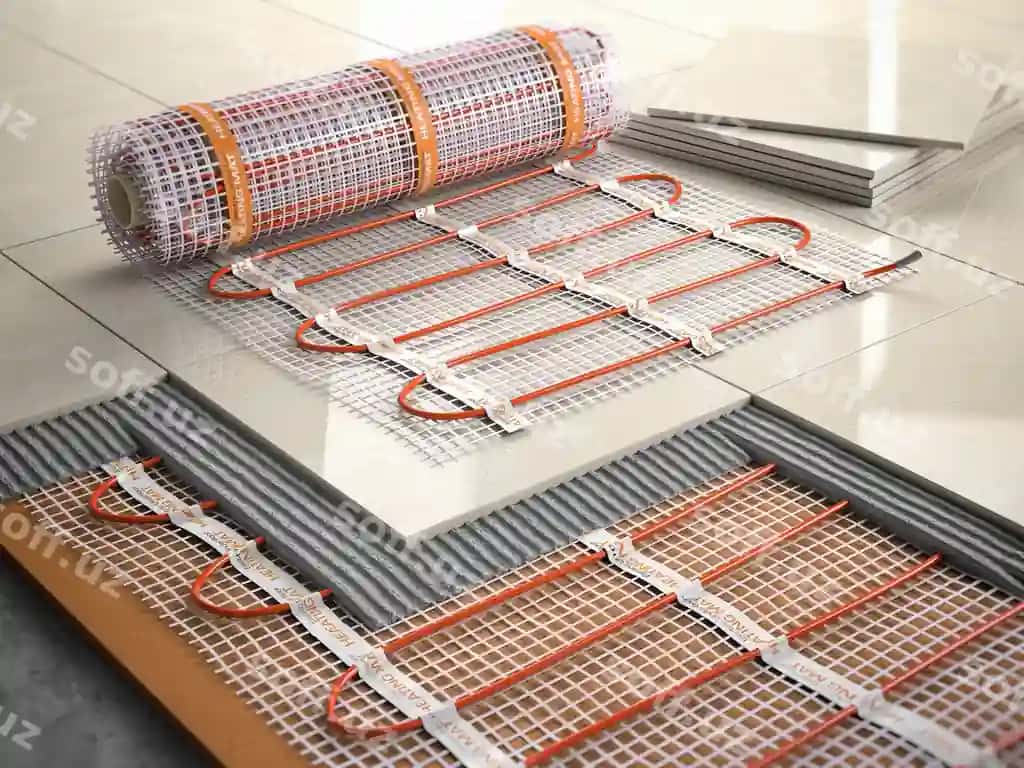 Pol ostidagi isitish tizimini o'rnatish konsepsiyasi elektr isitish mati keramika plitkalar va tsement qatlamalari bilan | Underfloor heating installation concept mat elecric heating system with ceramic tiles cement layers
