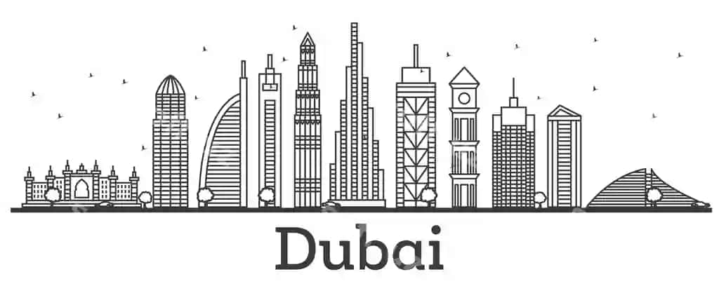 Dubay BAA osmono'par binolarining konturi zamonaviy binolar vektor illyustratsiyasi bilan | Outline dubai uae skyline with modern buildings vector illustration