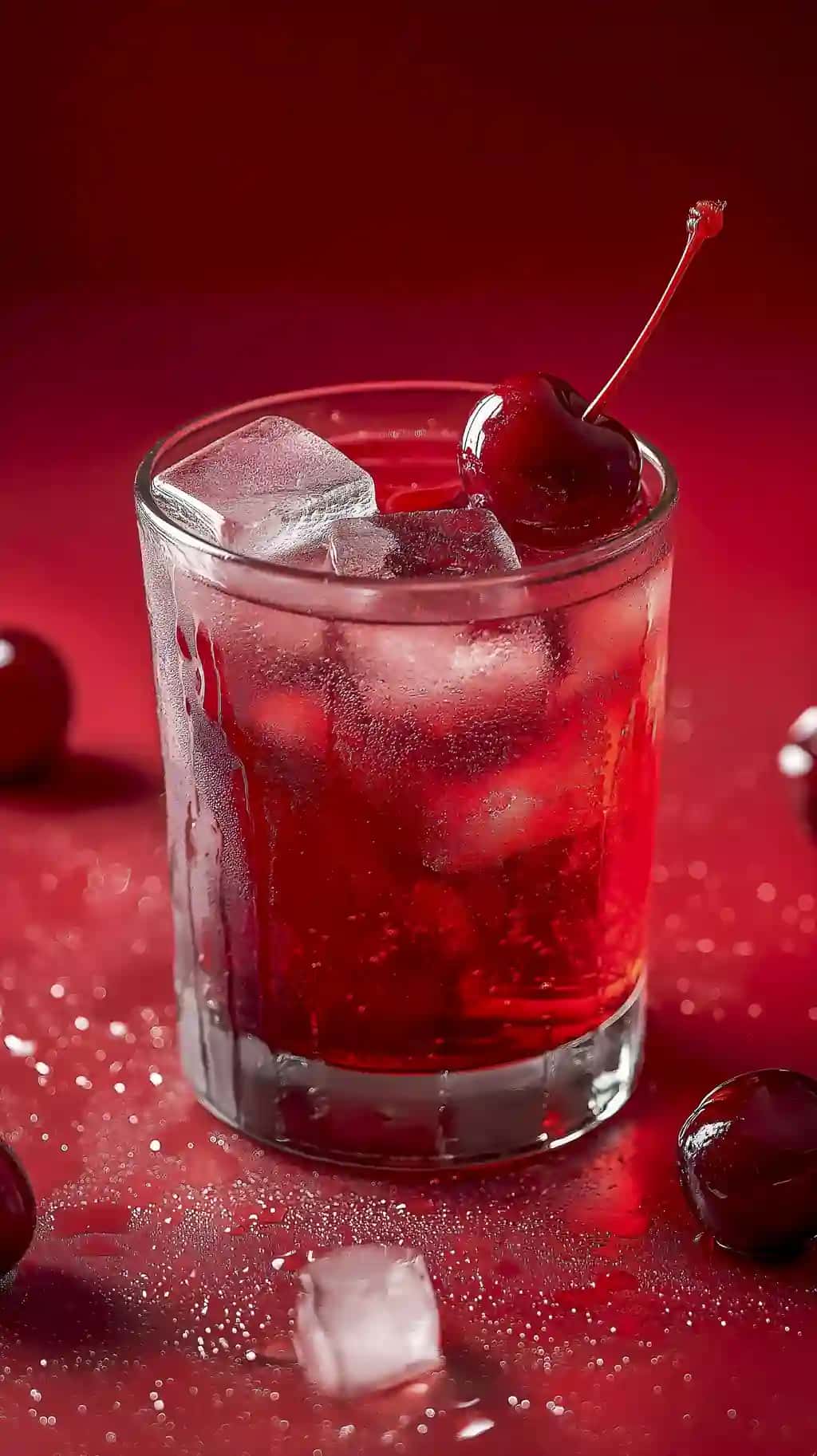 Muzli tetiklantiruvchi olcha ichimligi jonli qizil fonda ajoyib yoz kunlarida xizmat qiladi | Refreshing cherry drink with ice served against vibrant red backdrop perfect summer days