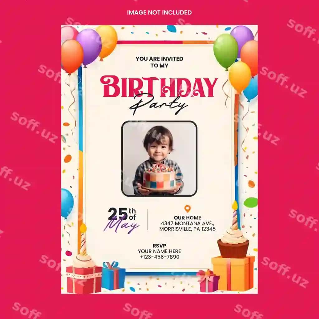 To'liq tahrirlanadigan fotosurat bilan tug'ilgan kun uchun taklifnoma kartasi dizayni | Birthday part invitation card design with photo fully editable