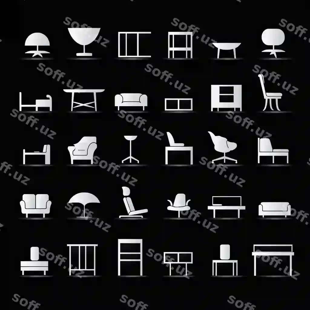 Mebel piktogrammalari to'plami oq, qora fon vektor illyustratsiyasi | Furniture icons set white black background vector illustration