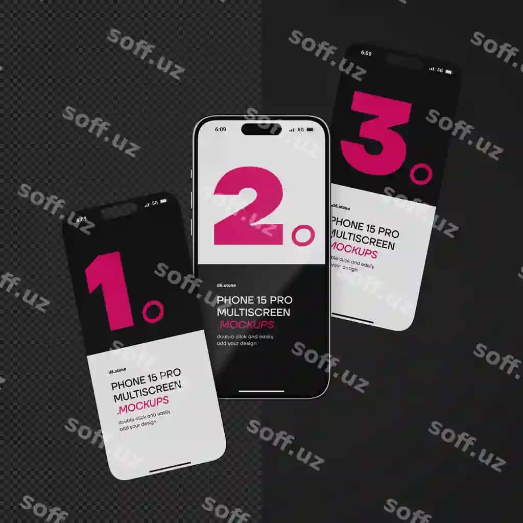 Psd realistik iPhone 15 pro ko'p ekranli shablonni tahrirlash mumkin | Psd realistic iphone 15 pro multiscreen mockup template with editable