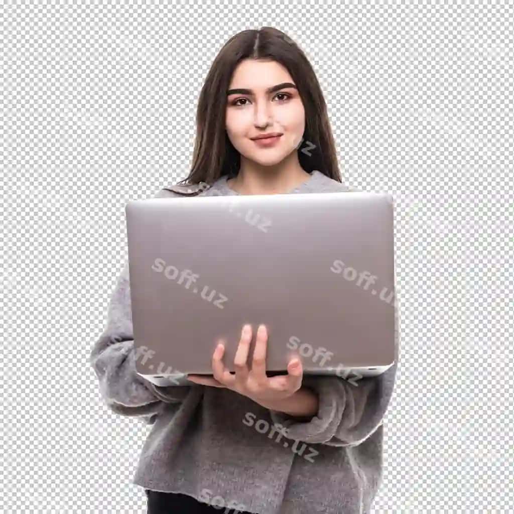 Qoramag'iz qiz modeli kulrang sviter stend ish o'rganish uning noutbuk | Brunette girl model grey sweater stand work studie her laptop