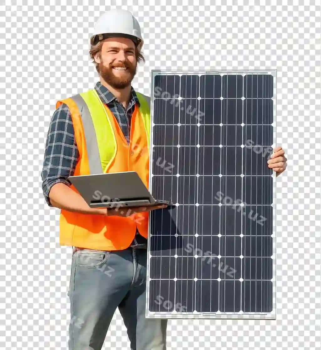 Quyosh panelini qo‘lida quyosh paneli bilan ushlab turgan odam | Man holding solar panel with word solar it