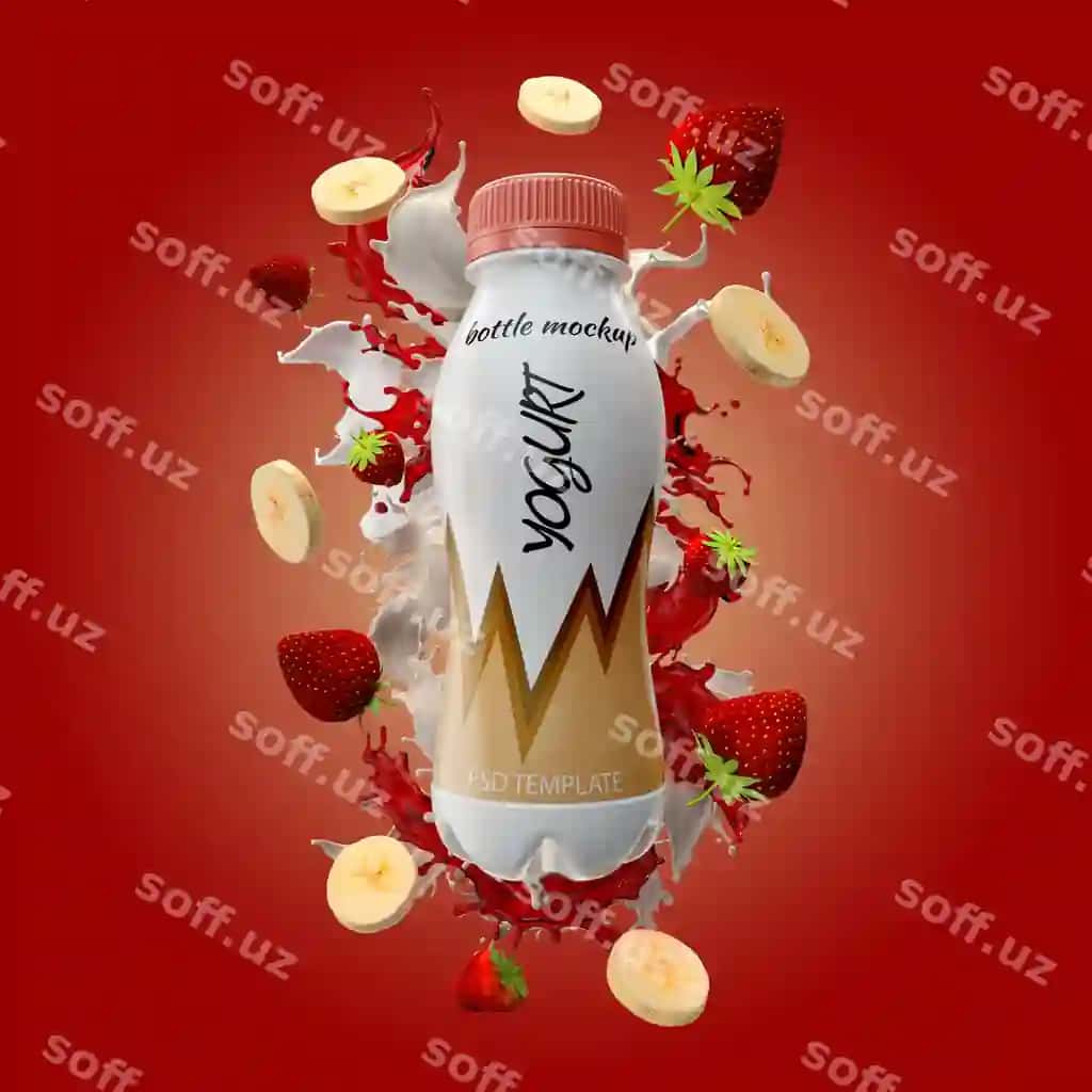 Yo'gurt shishasi sut splash banan shaptalak mockup | Yogurt bottle with milk splash banana strawberry mockup