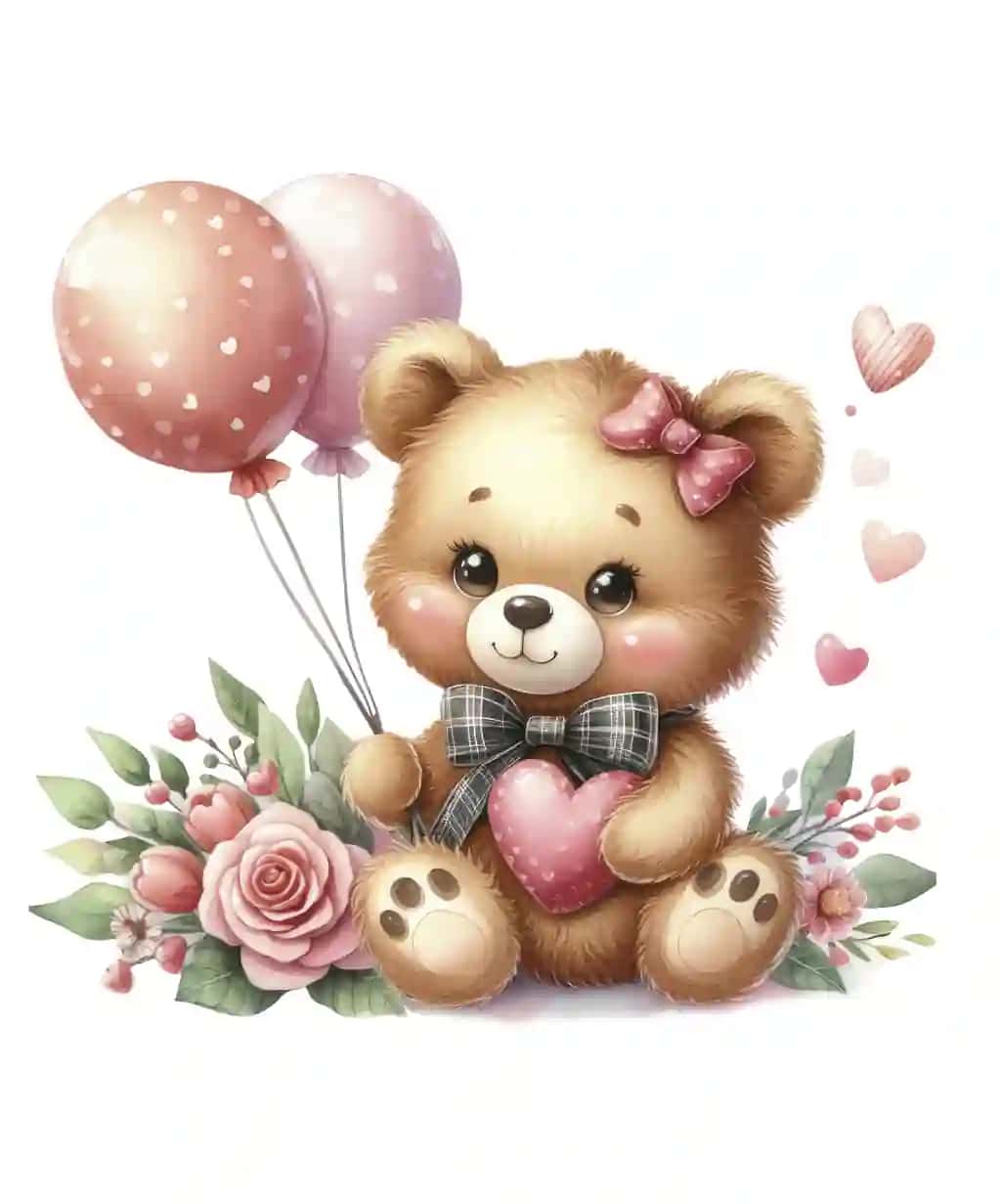 Sevishganlar kuni akvarel bilan bezatilgan sharlar bilan yoqimli ayiqcha | Cute teddy bear with balloons floral decoration valentines day watercolor