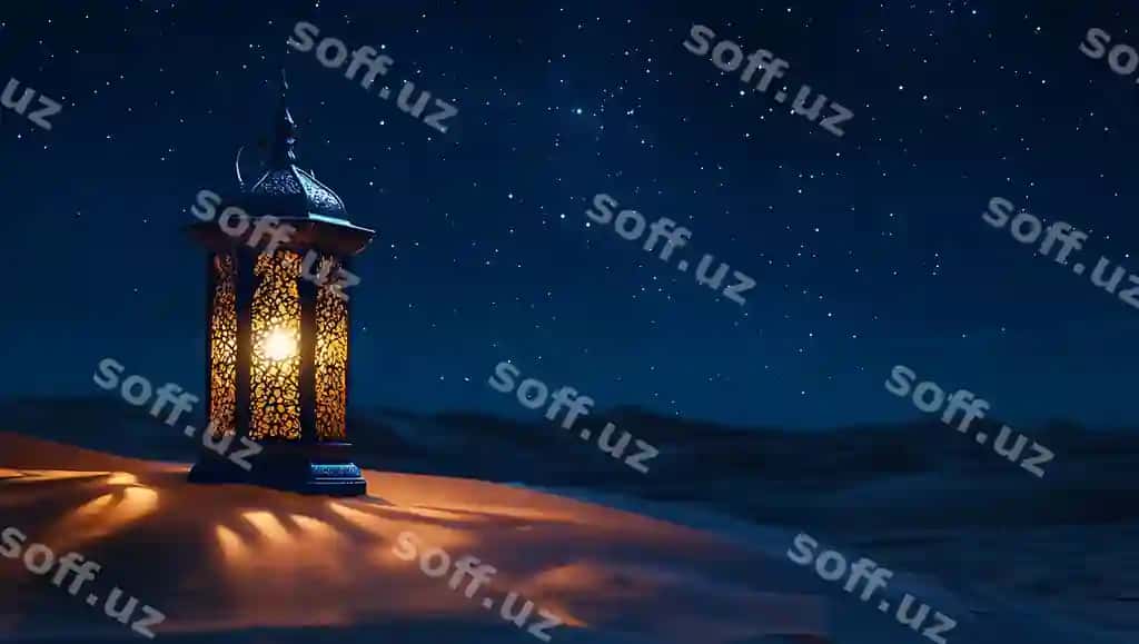 Fener cho'lon kecha manzarasini yorqin qiladi, issiq yorqinlik, kecha fotografiyasi, yulduzlar bilan bekitilgan fon. | Lantern illuminating desert nightscape warm glow night photography starry background