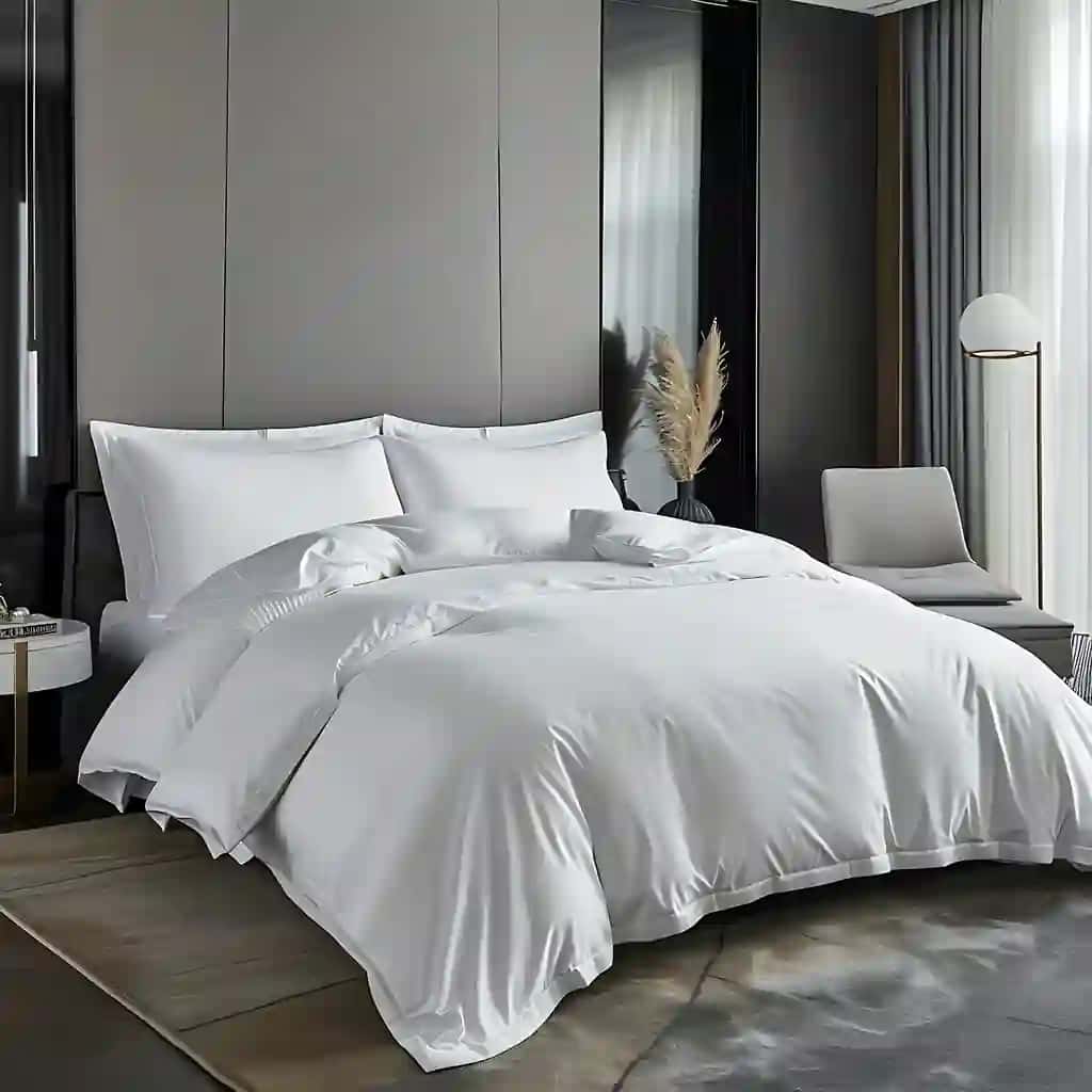 Arafed karavot oq choyshab yostiqli xona stul bilan | Arafed bed with white sheets pillows room with chair