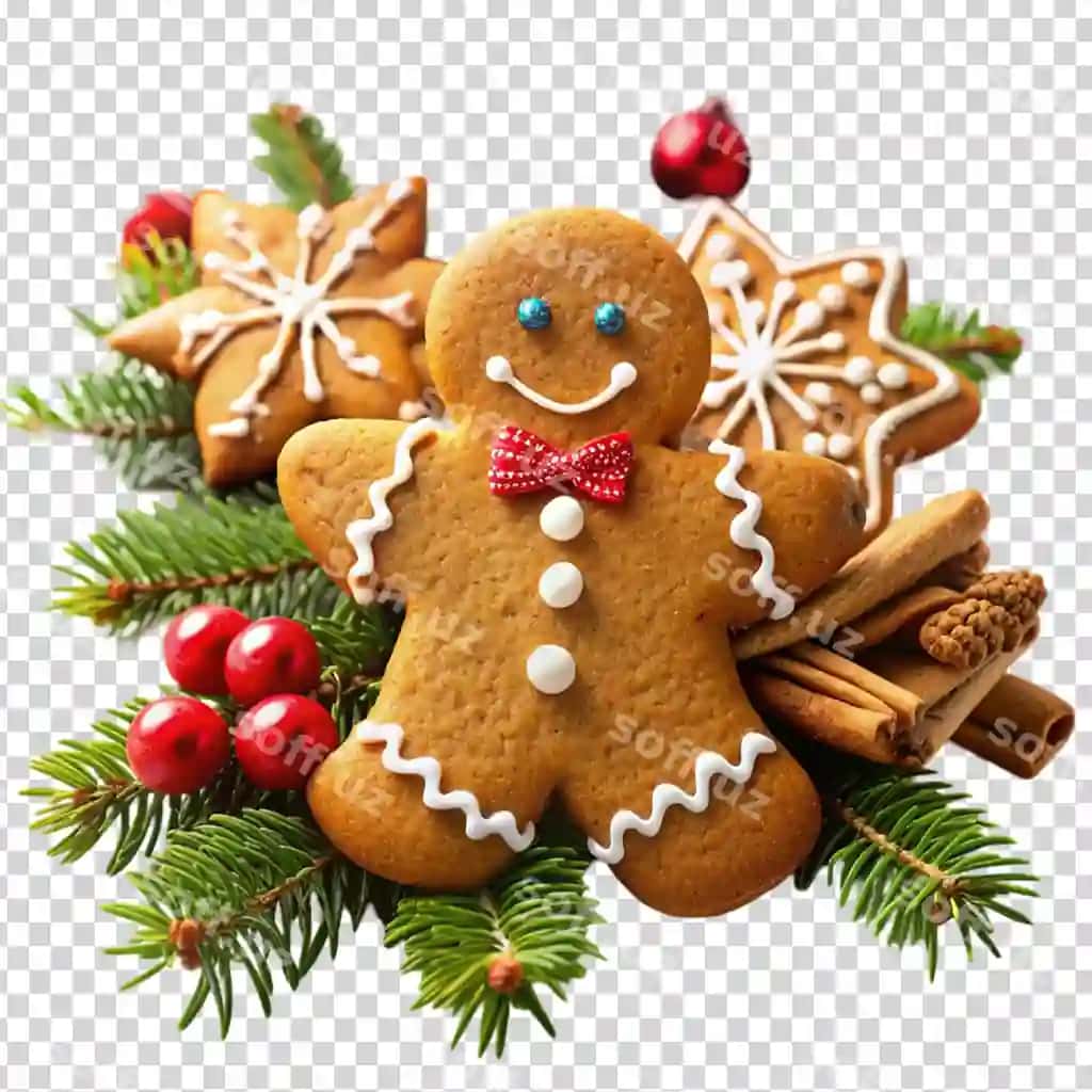 Gulchi shirinlik adam o'nining shaffof browida oq qorqina. | Smiling gingerbread man with white snowflake his forehead transparent