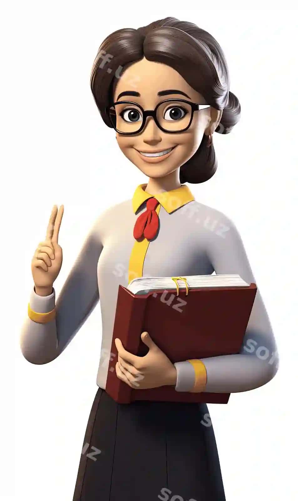 Multfilm o'qituvchisi ko'zoynak bilan kitob ushlab, barmog'ini ko'rsatmoqda | Cartoon teacher with glasses holding book pointing finger