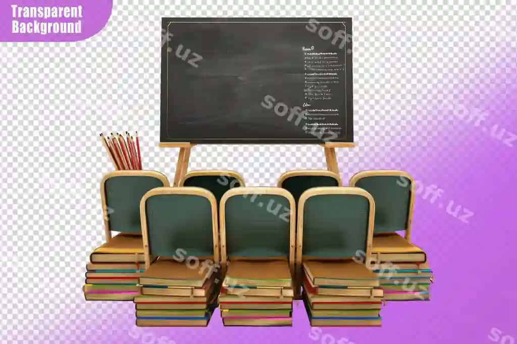 Sinf o'rindiqlari qora doska, shaffof fonda turibdi | Classroom seats blackboard standing isolated transparent background
