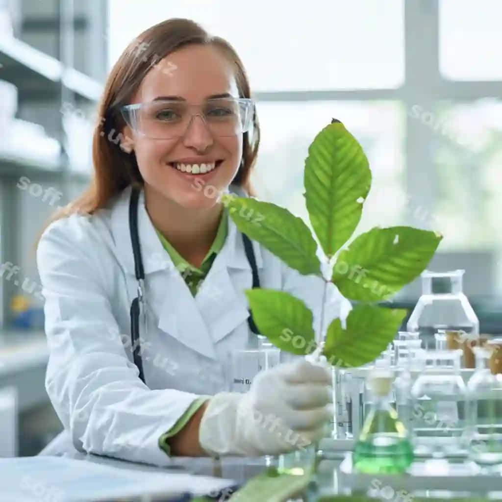 Ayol laborator kostyum kiygan o'simlikka gulmoqda. | Woman lab coat is smiling plant 2