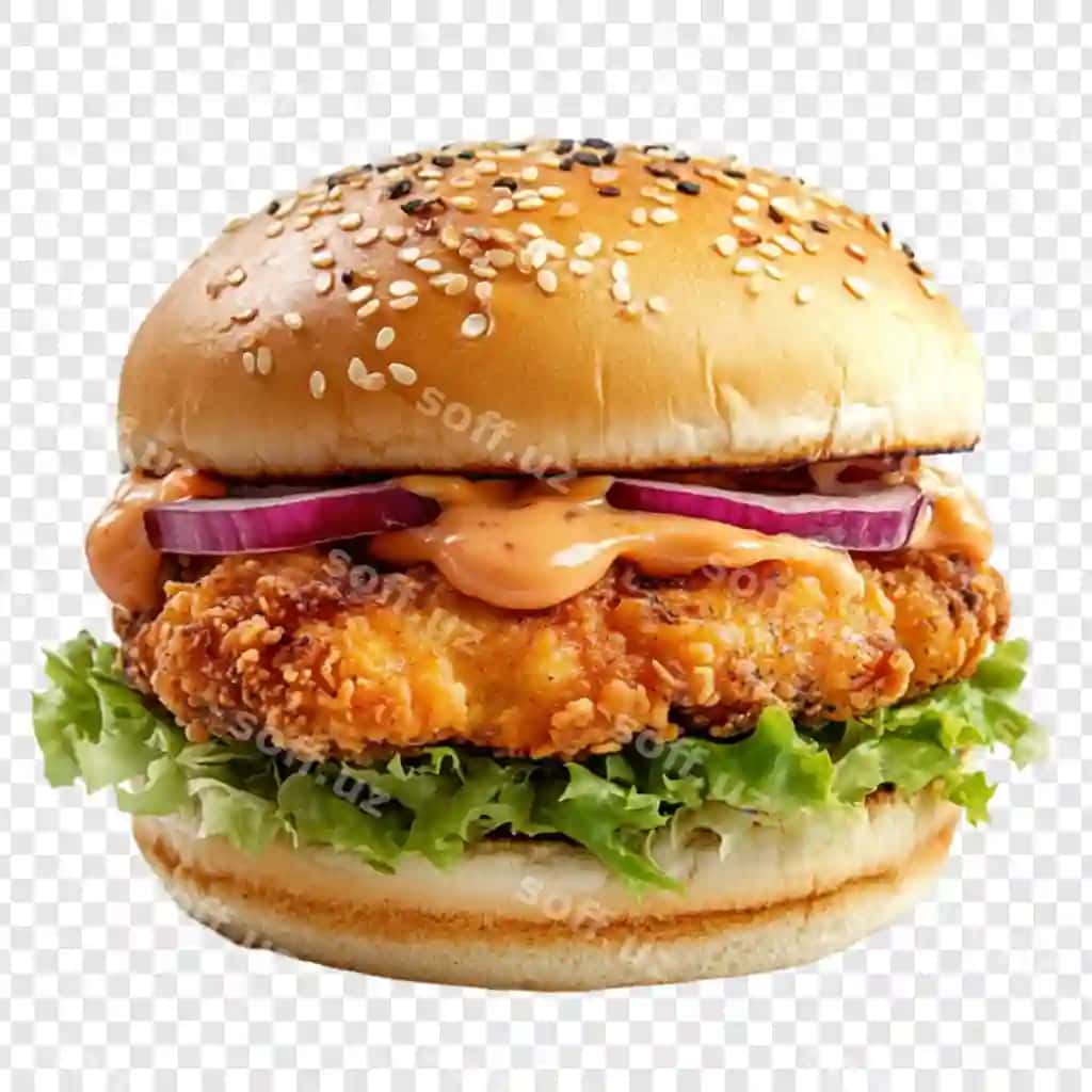 Mazali qurilgan tovuq burgeri sesam bulini sug'at qizil piyoz sous | Delicious crispy chicken burger sesame bun lettuce red onion sauce
