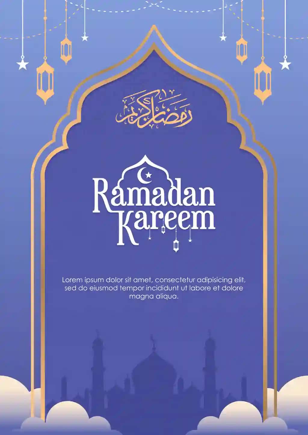 Masjid chiroqlari bilan Ramazon karim tabrik plakati | Ramadan kareem greeting poster with mosque lanterns