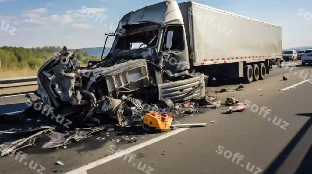 Yo'l-transport hodisasidan keyin shikastlangan yuk mashinasi | Damaged truck after accident highway