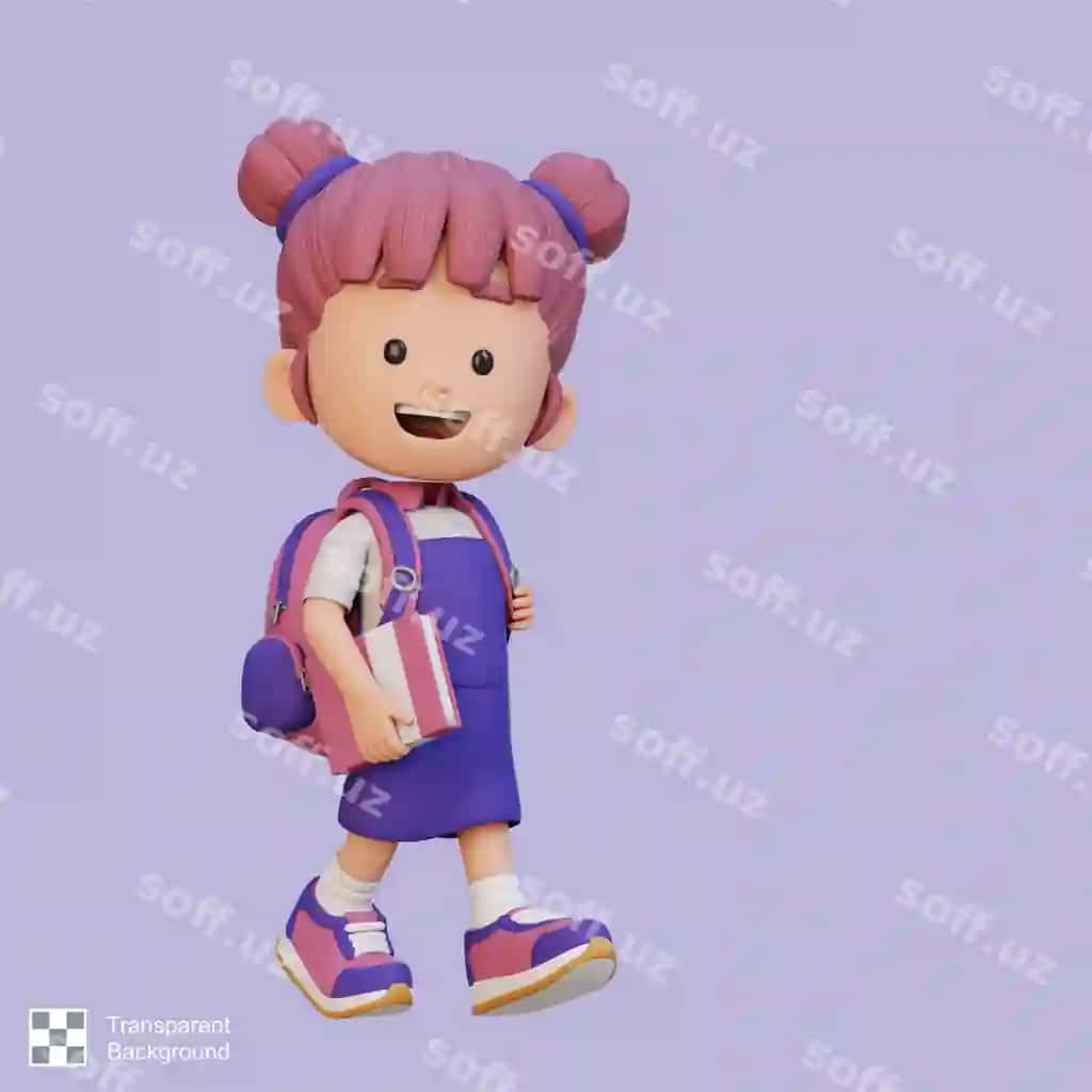3d baxtli qiz qahramoni maktabga borayotgan kitob tutib | 3d happy girl character walking go school holding book