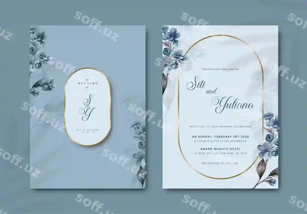 Gullar tasvirlangan oqlangan to'y taklifnomasi shabloni | Elegant wedding invitation card template with flower illustration