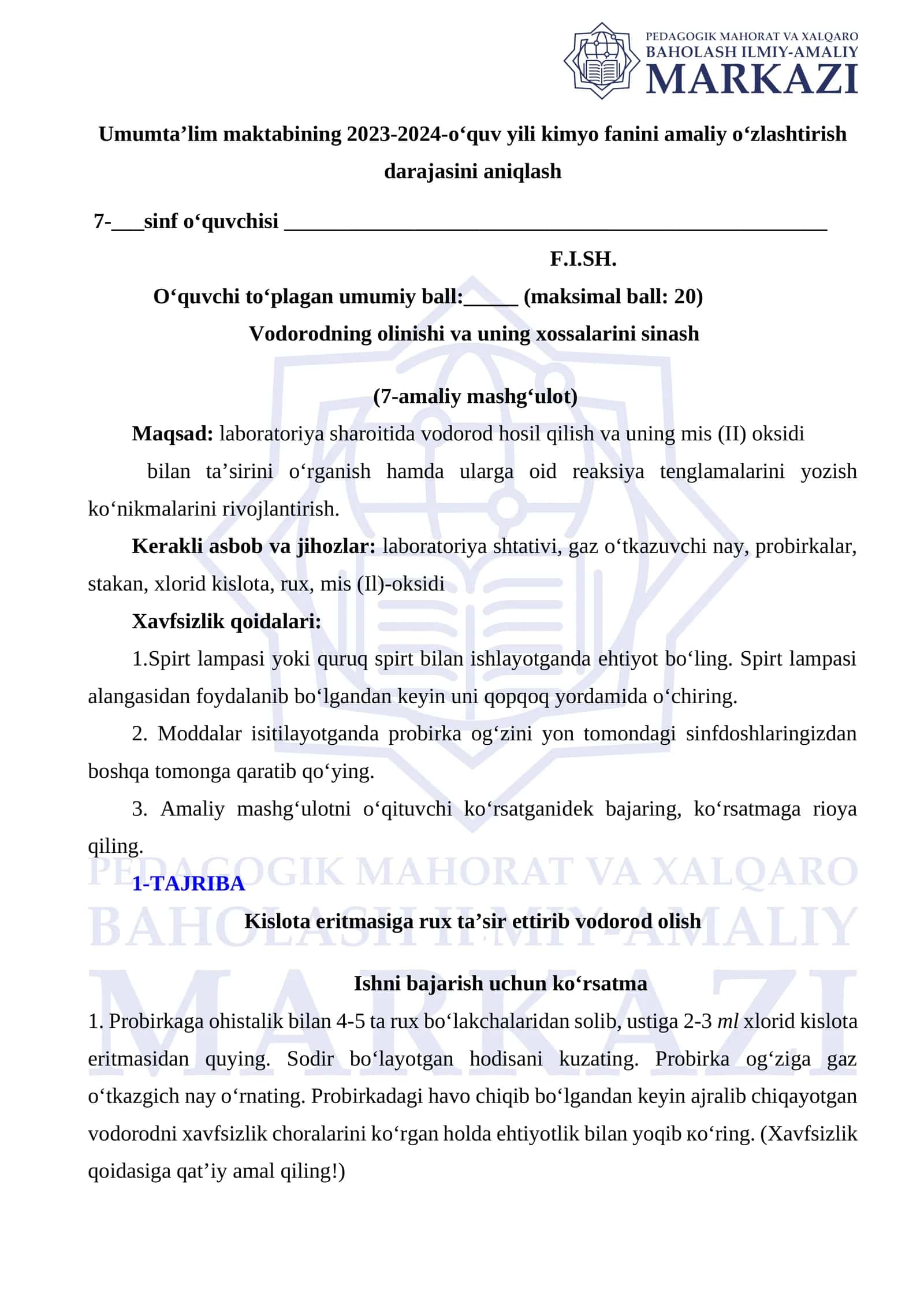 Vodorodning olinishi va uning xossalarini sinash