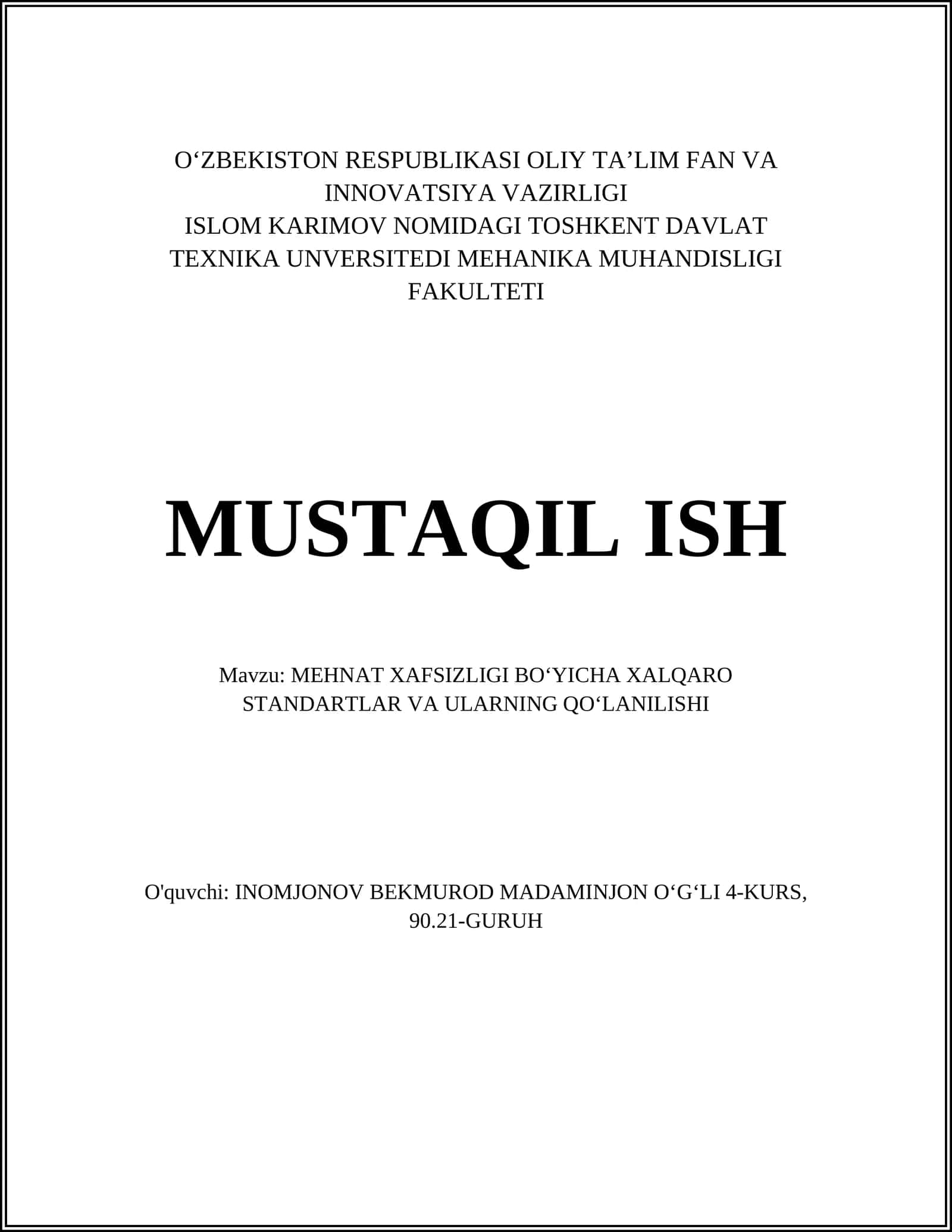MEHNAT XAFSIZLIGI BOʻYICHA XALQARO STANDARTLAR VA ULARNING QOʻLANILISHI