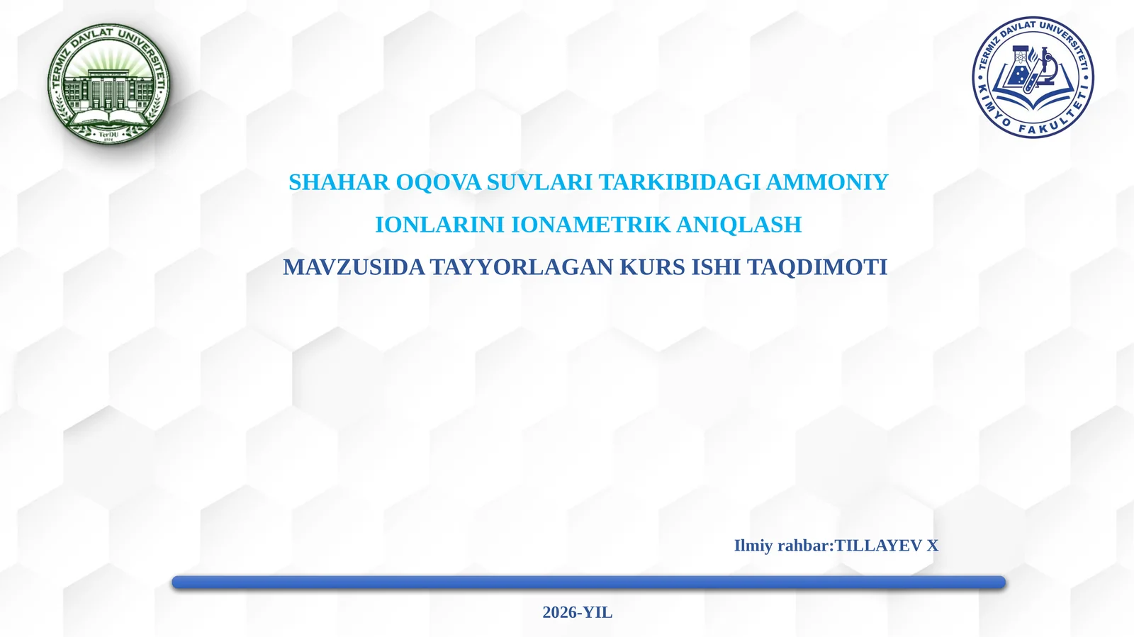 SHAHAR OQOVA SUVLARI TARKIBIDAGI AMMONIY IONLARINI IONAMETRIK ANIQLASH
