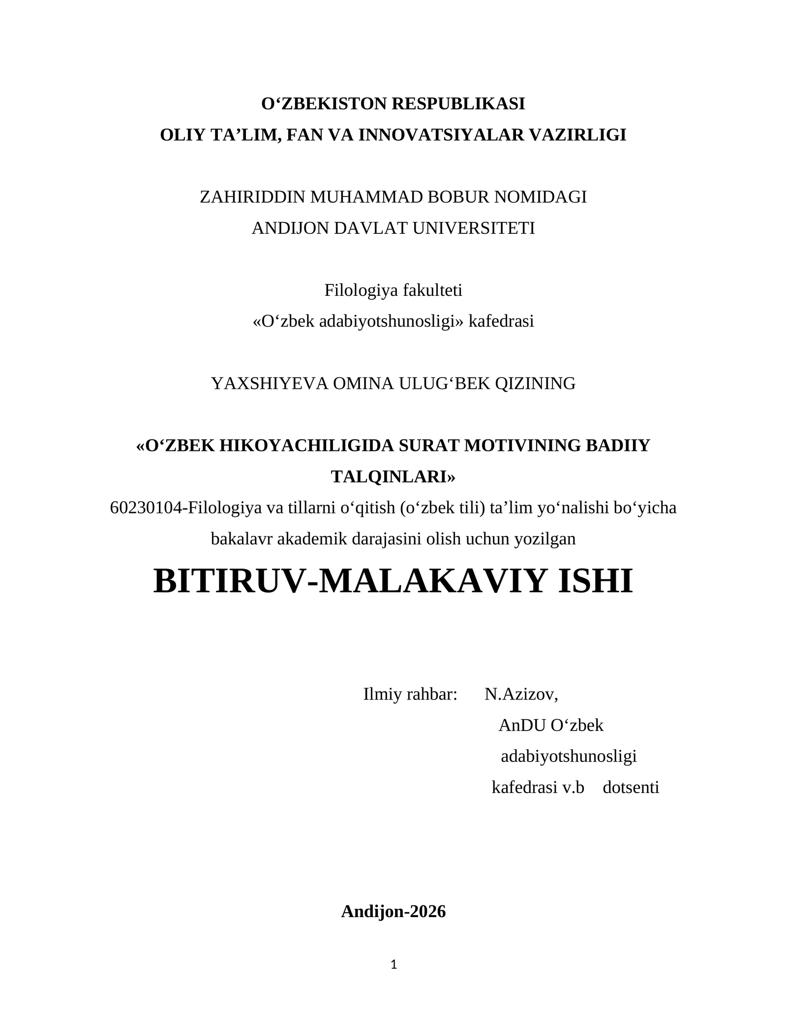 O‘ZBEK HIKOYACHILIGIDA SURAT MOTIVINING BADIIY TALQINLARI