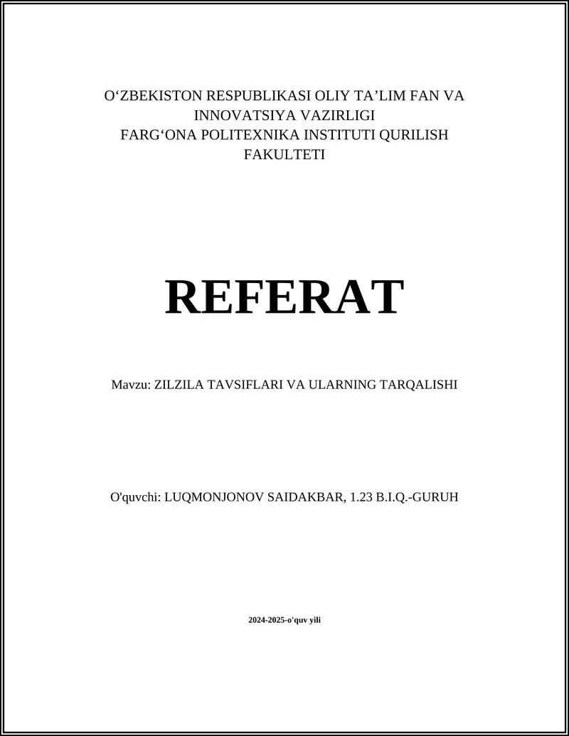 ZILZILA TAVSIFLARI VA ULARNING TARQALISHI