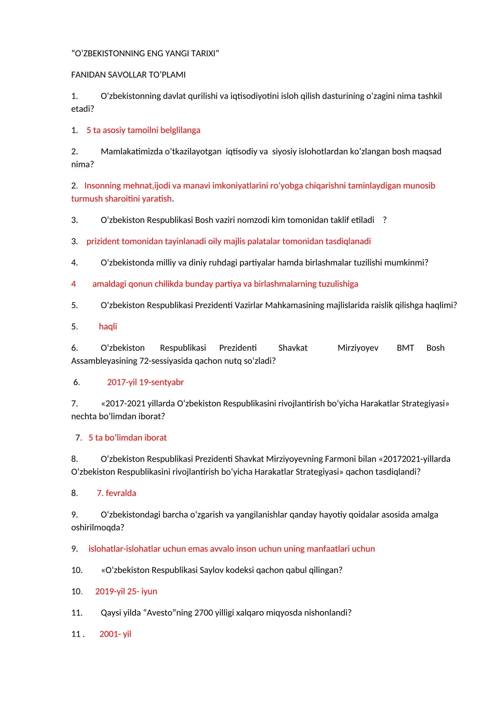 O‘ZBEKISTONNING ENG YANGI TARIXI FANIDAN SAVOLLAR TO’PLAMI