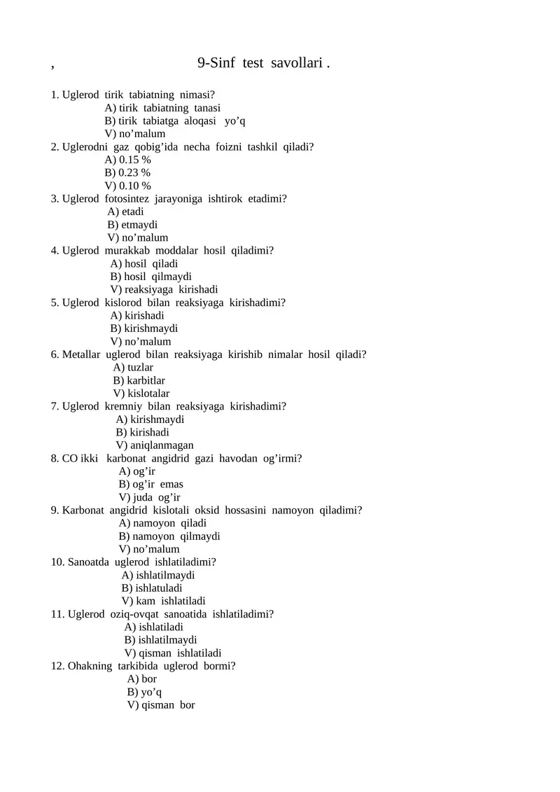 9-Sinf test savollari