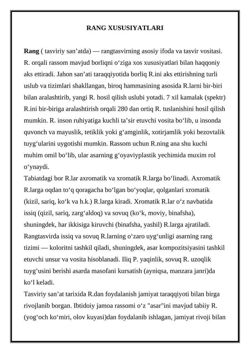 RANG XUSUSIYATLARI