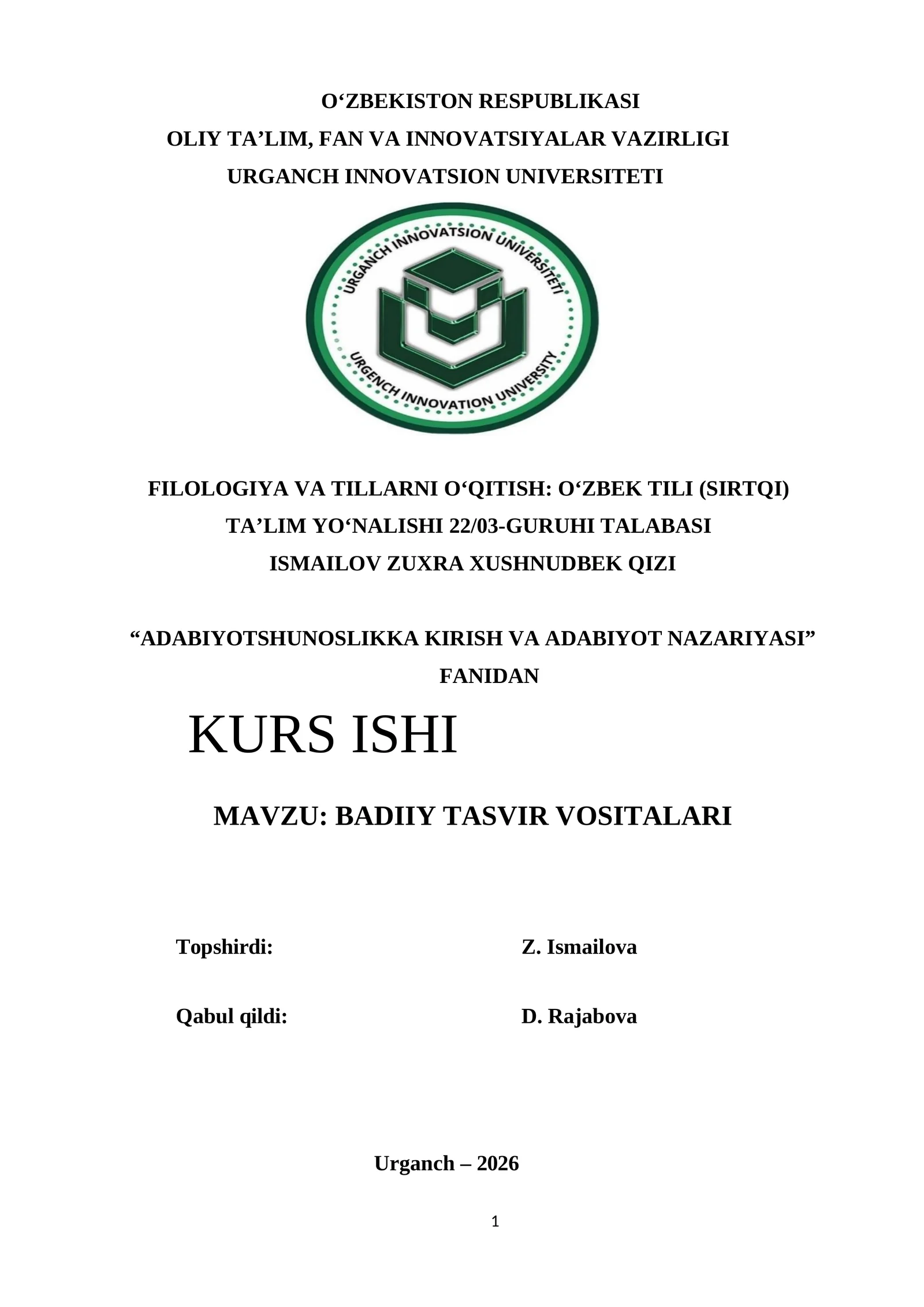 “BADIIY TASVIR VOSITALARI” KURS ISHI
