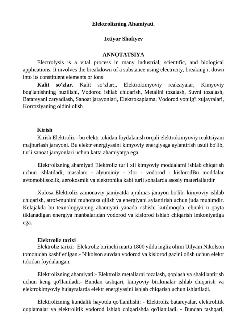 Elektrolizning Ahamiyati